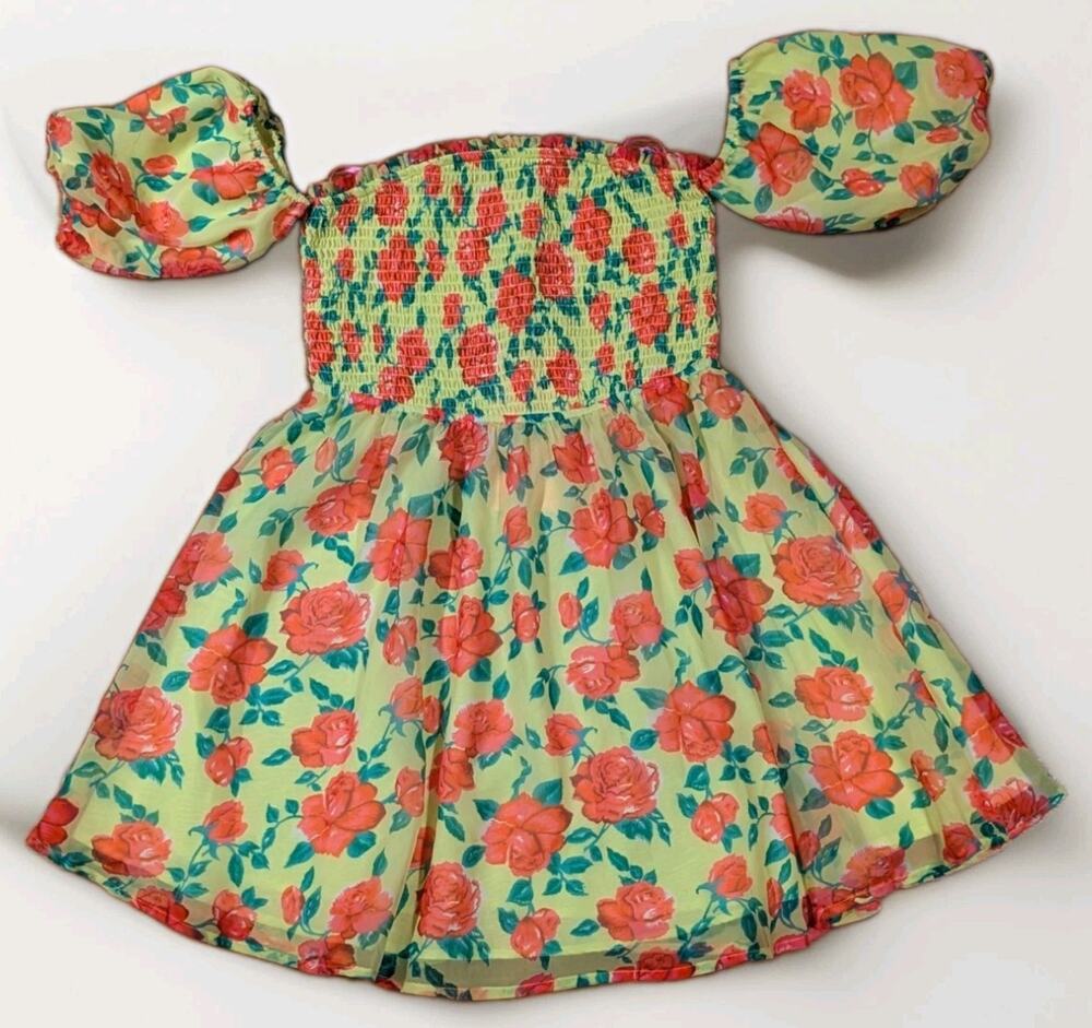 Betsey Johnson Floral Rose Smocked Puff Sleeve Babydoll Mini Dress SML NWT Y2K